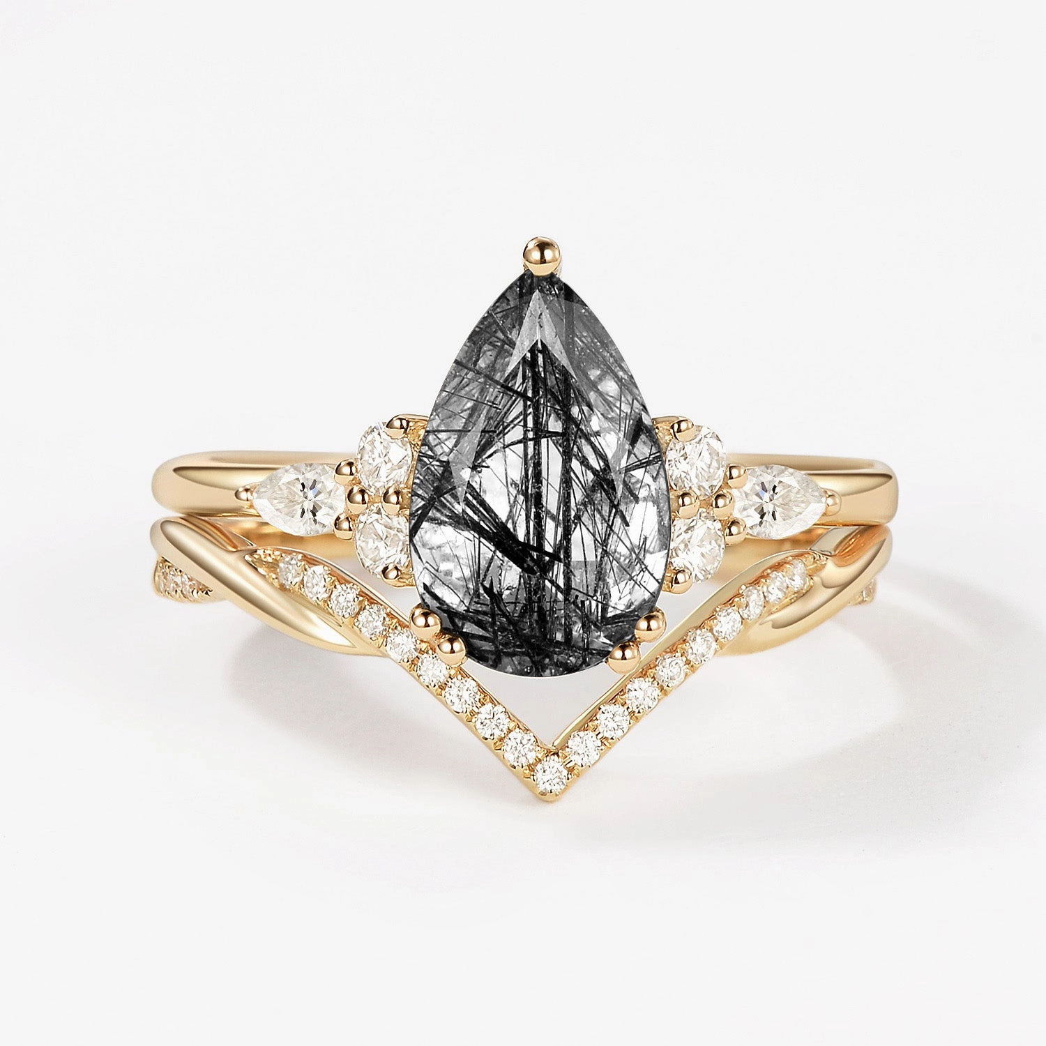 2.0CT Pear Shaped Black Rutilated Quartz Infinity Stacking Ring Set 2pcs Classic Feature Glam Light