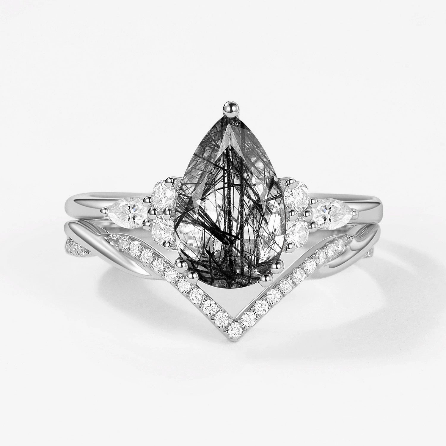 2.0CT Pear Shaped Black Rutilated Quartz Infinity Stacking Ring Set 2pcs Glow Detail