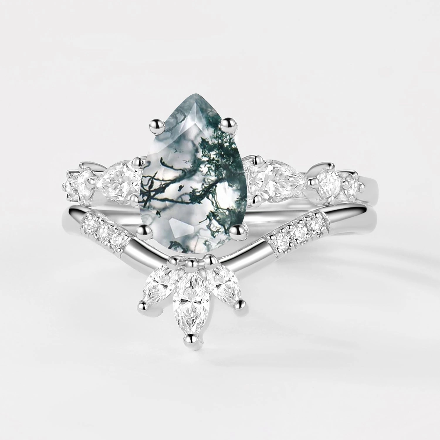 2.0ct Pear Shaped Moss Agate Chevron Bridal Ring Set 2pcs Vibrant Sparkle Exclusive Design