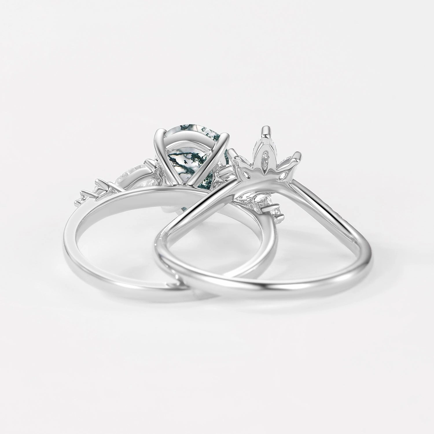 2.0ct Pear Shaped Moss Agate Chevron Bridal Ring Set 2pcs party look Youthful Twist