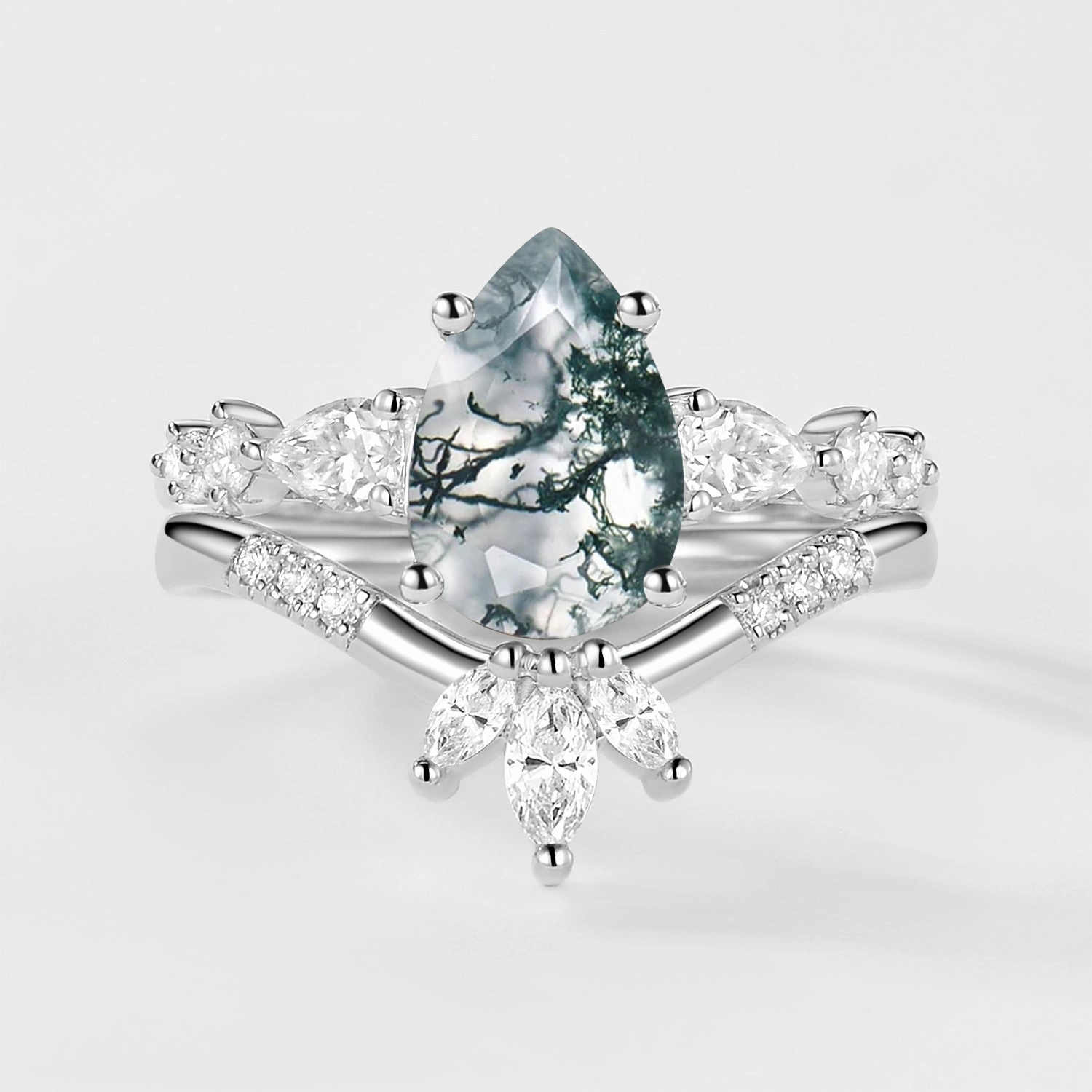 Special Celebration Crisp Style 2.0ct Pear Shaped Moss Agate Chevron Bridal Ring Set 2pcs