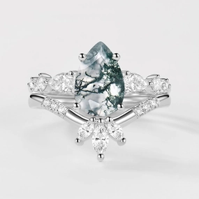 Special Celebration Crisp Style 2.0ct Pear Shaped Moss Agate Chevron Bridal Ring Set 2pcs