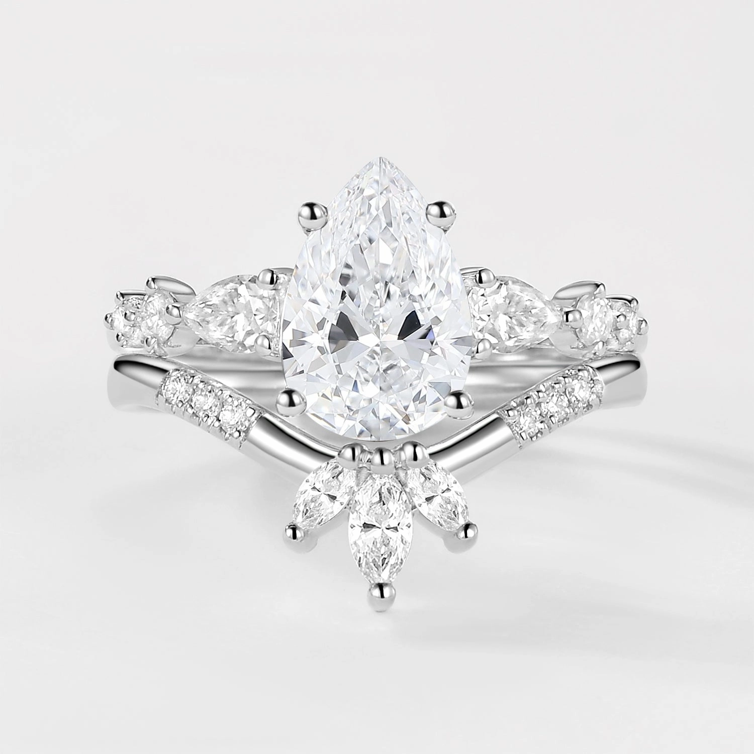 2.0ct Pear Shaped Moss Agate Chevron Bridal Ring Set 2pcs Light Fit Evening Glamour