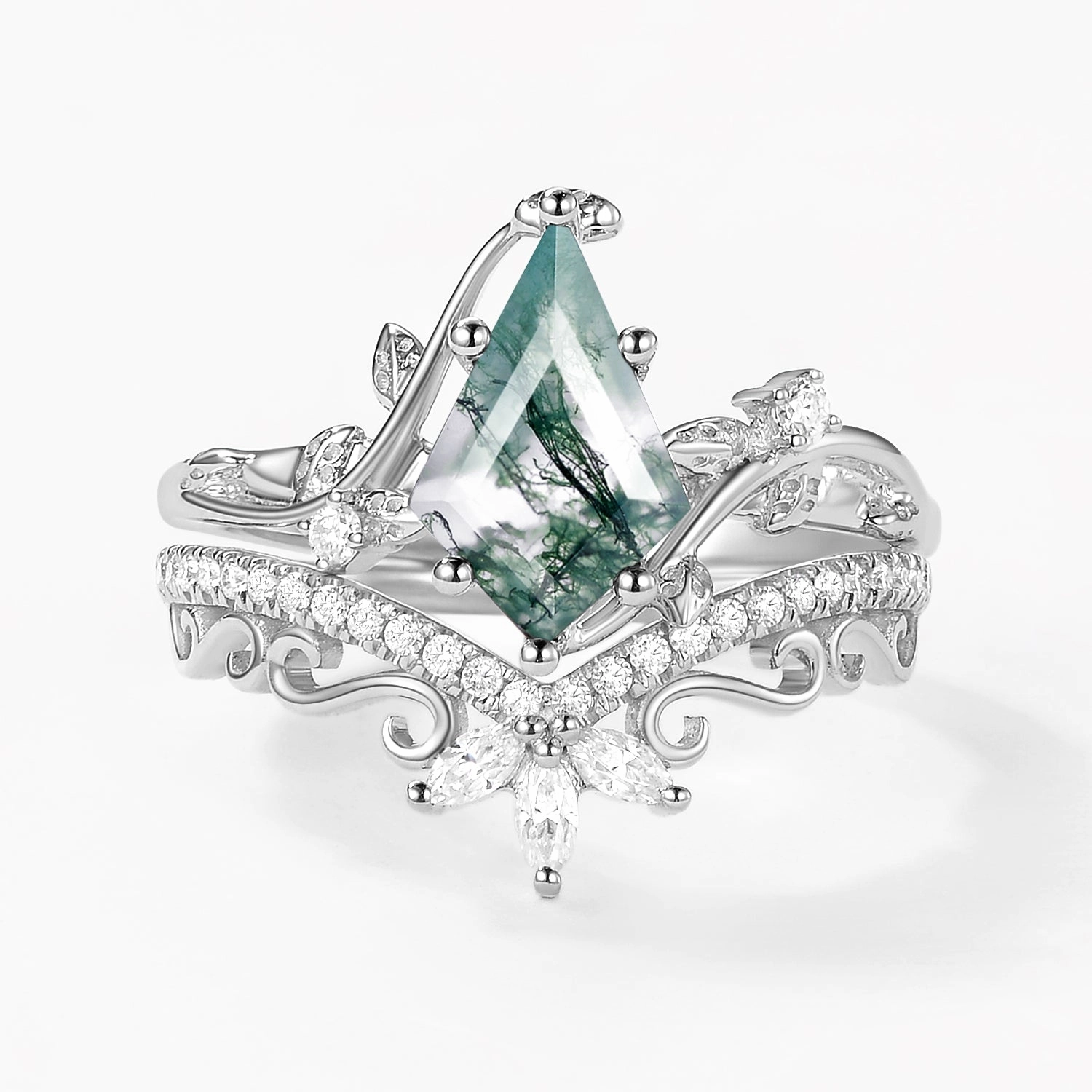 Luxury Sparkle Monochrome Fit 2.0ct Vintage Kite Cut Moss Agate Engagement Ring Set 2pcs - Daniella