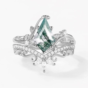 Luxury Sparkle Monochrome Fit 2.0ct Vintage Kite Cut Moss Agate Engagement Ring Set 2pcs - Daniella