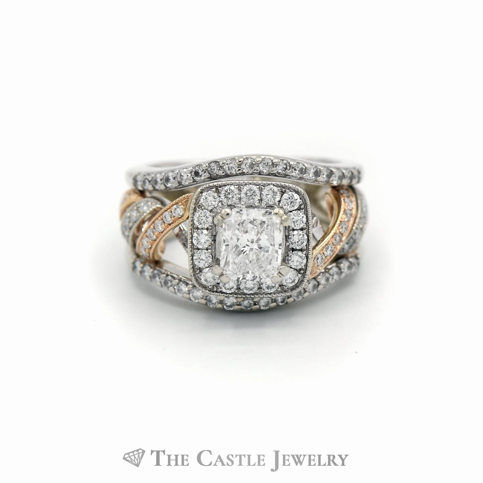 2.44CTTW Diamond Halo Engagement Ring with Soldered Bands in 14KT Rose & White Gold Casual Wear Excellent Look