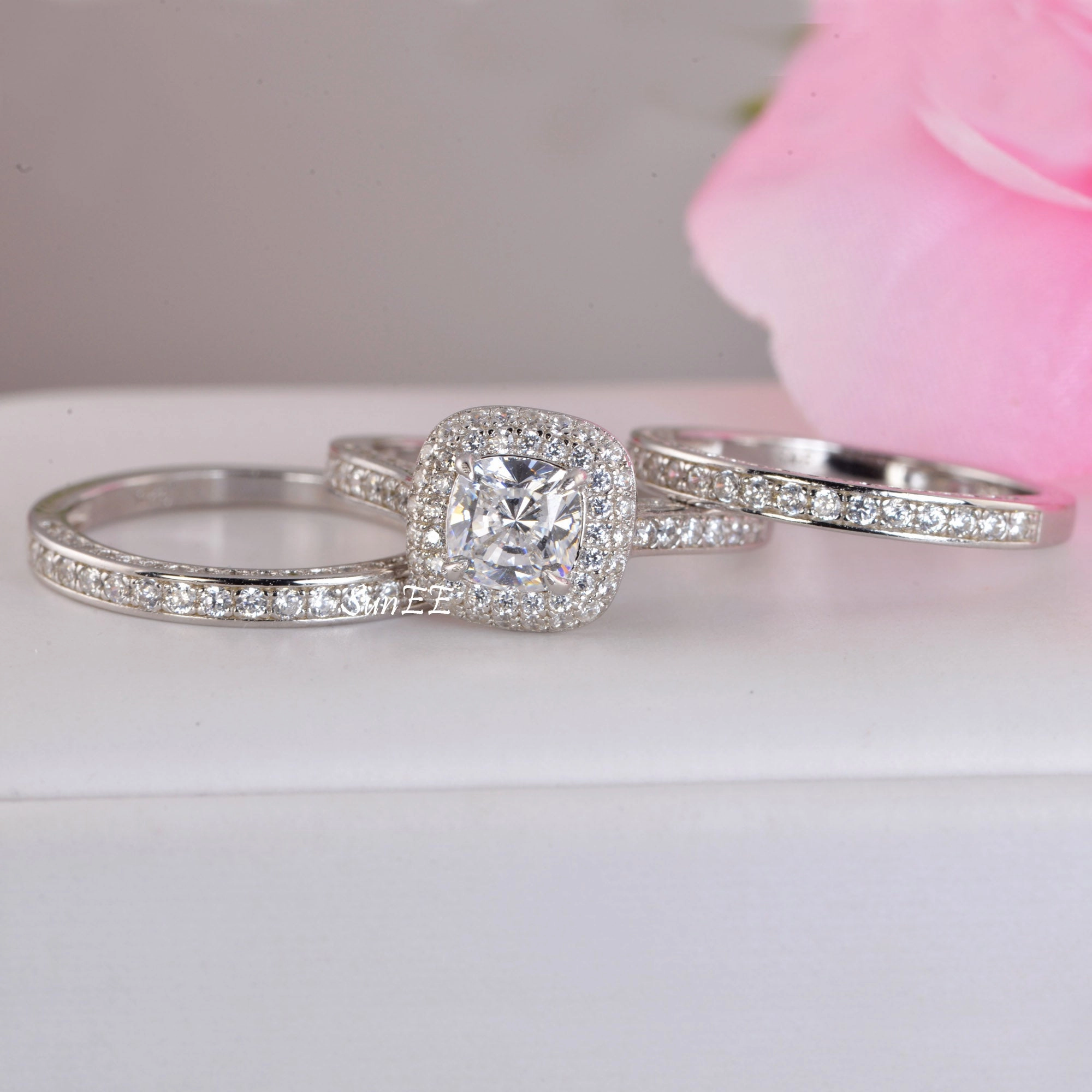 Lightweight Decoration 2.61ct Double Halo Cushion Cut with Heart Bridal Wedding Engagement Ring Diamond Simulated 925 Sterling Silver Anniversary Rings SKU:00234