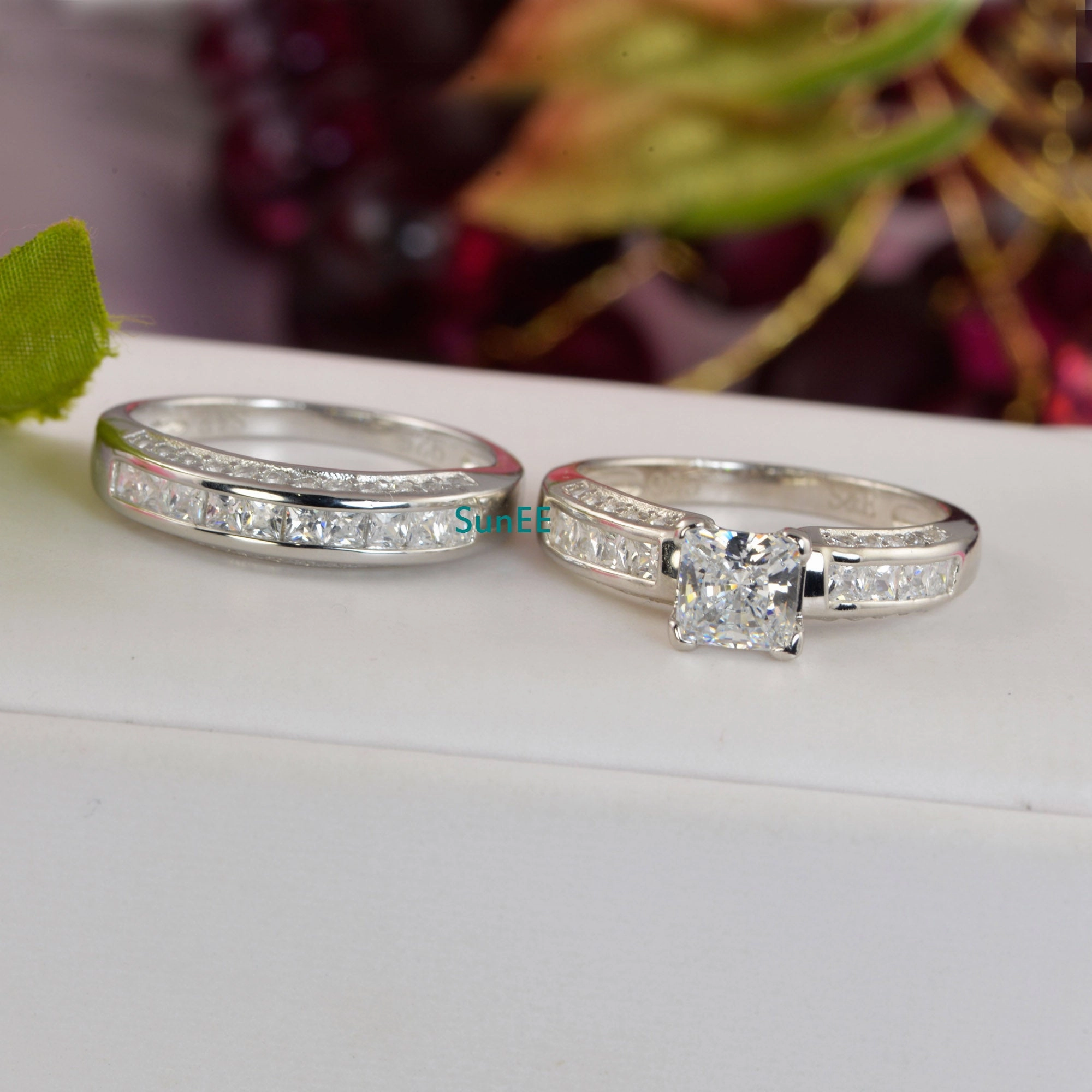 Sentimental Adornment Stylish Set 2.75ct Princess Cut Bridal Wedding Engagement Ring Diamond Simulated 925 Sterling Silver Anniversary Ring SKU:00138