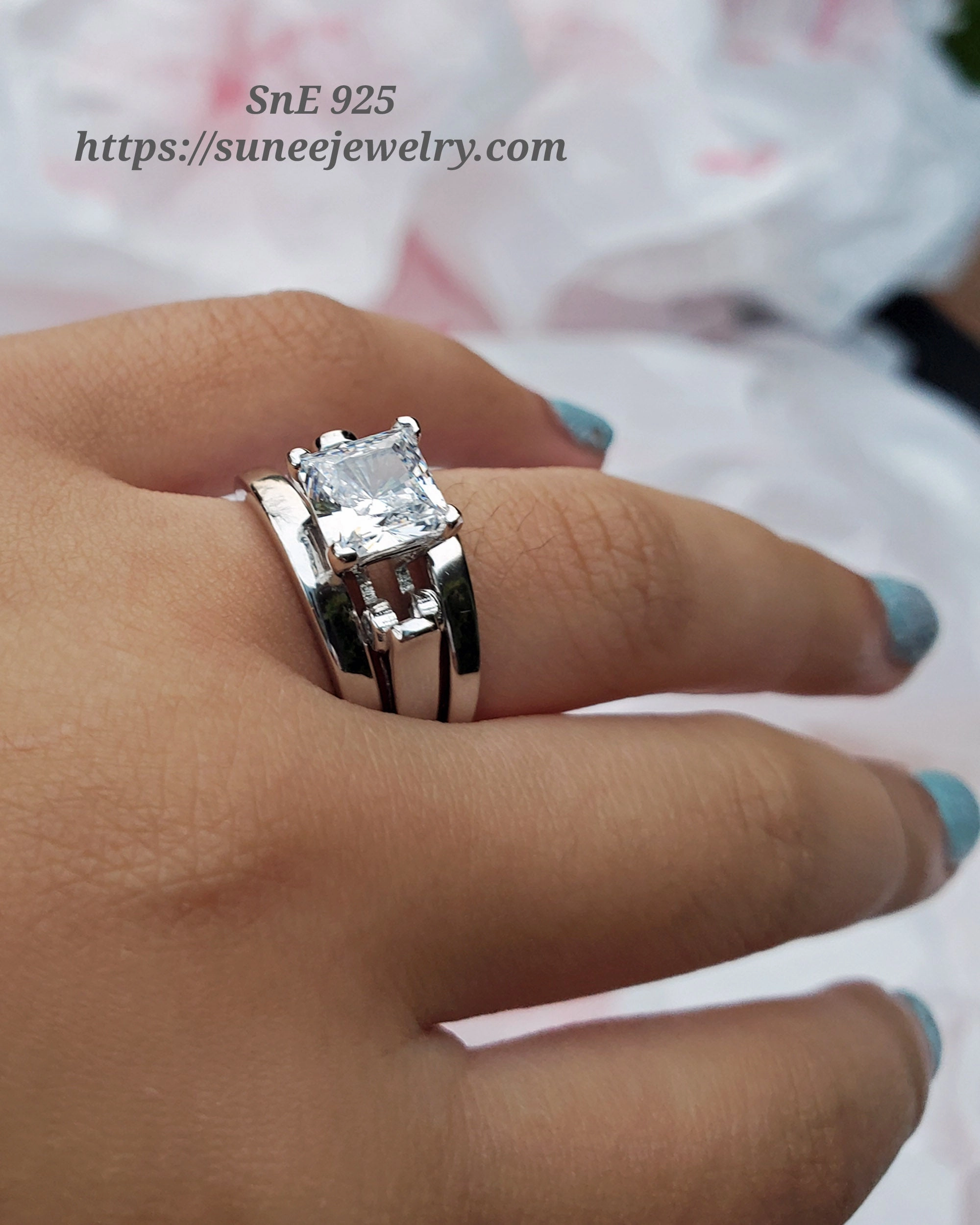 2.7ct Princess Cut with 2 Bridal Bands Wedding Engagement Ring Set Diamond Simulated 925 Sterling Silver Engagement Rings SKU:00171 Glow Effect Emotional Significance