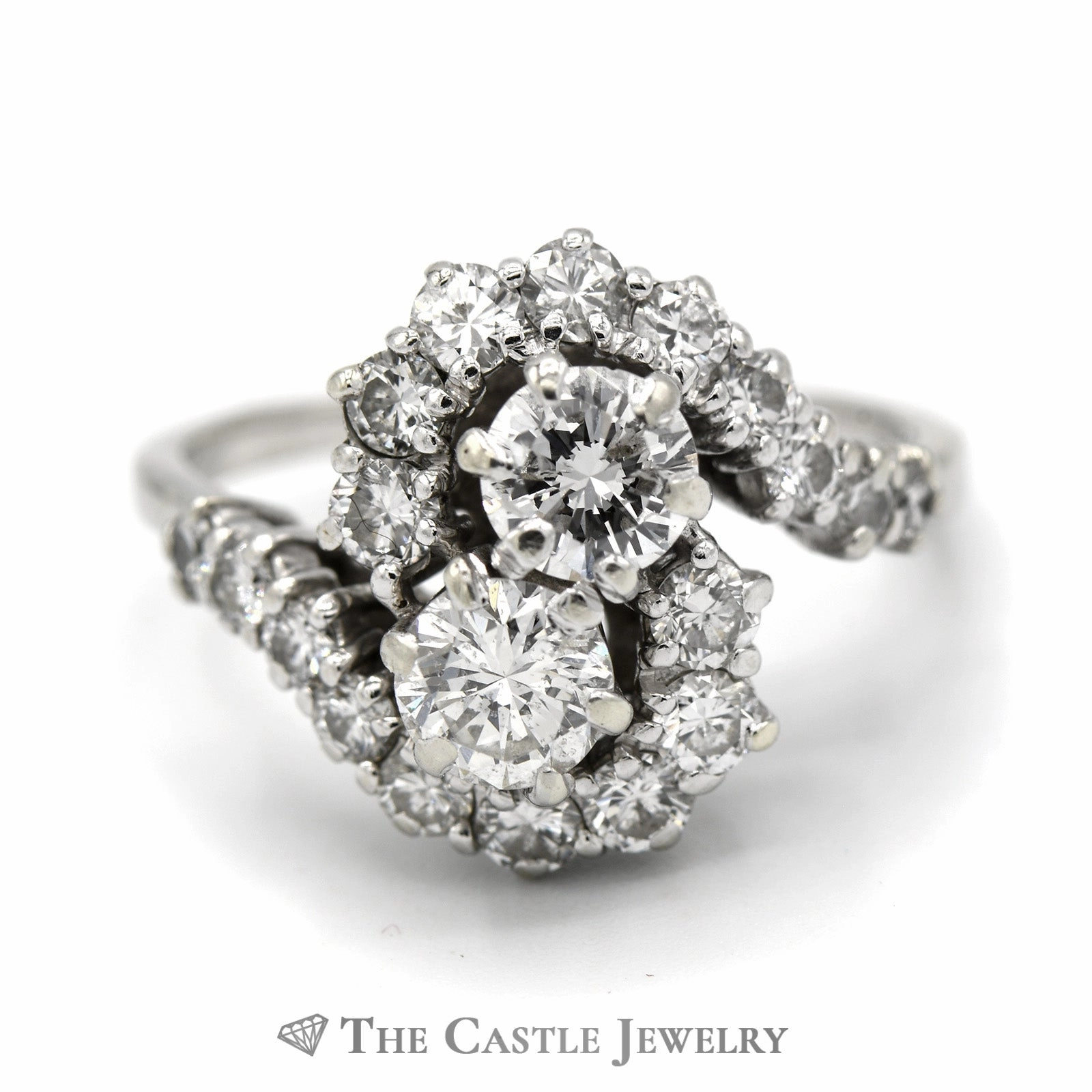 Modern Outline Classic Article 2cttw Bypass Style Double Diamond Cocktail Ring with Swirling Diamond Halos in 14k White Gold