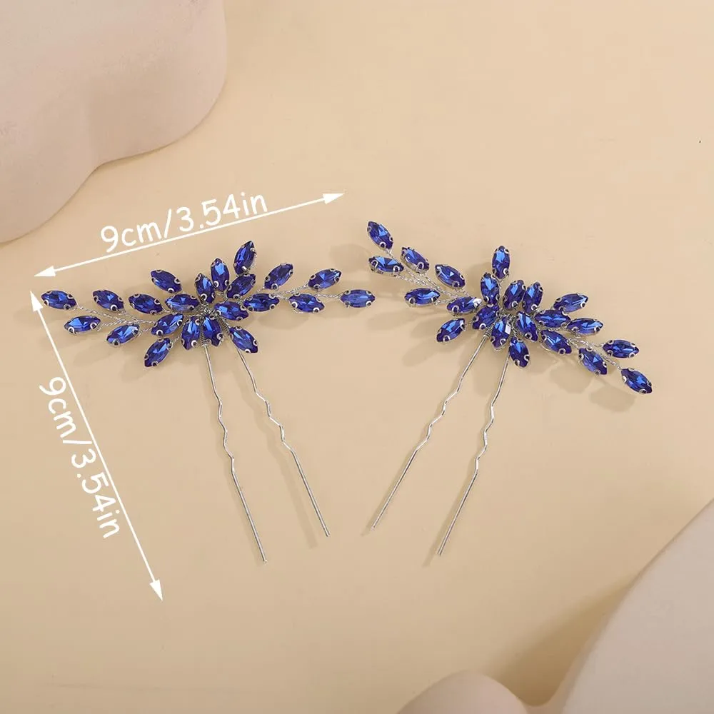 2pcs Blue Crystal Beads Hair Pins Wedding Bridal Hair Piece Handmade Sparkle Hair Jewelry for Special Occasion (Blue)
