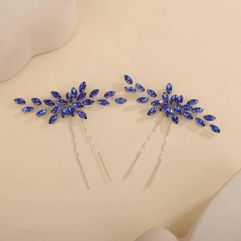 2pcs Blue Crystal Beads Hair Pins Wedding Bridal Hair Piece Handmade Sparkle Hair Jewelry for Special Occasion (Blue)