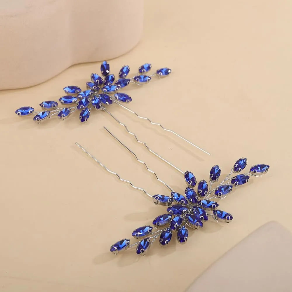 2pcs Blue Crystal Beads Hair Pins Wedding Bridal Hair Piece Handmade Sparkle Hair Jewelry for Special Occasion (Blue)