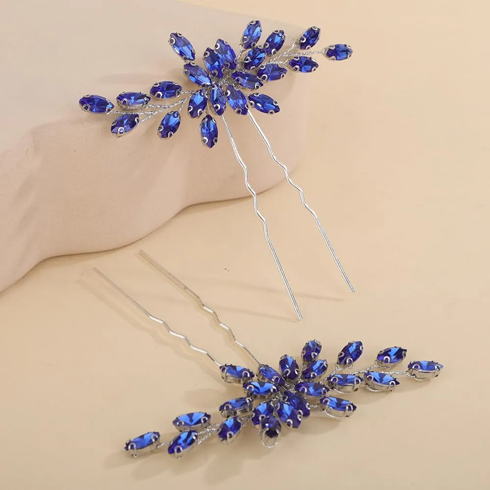 2pcs Blue Crystal Beads Hair Pins Wedding Bridal Hair Piece Handmade Sparkle Hair Jewelry for Special Occasion (Blue)