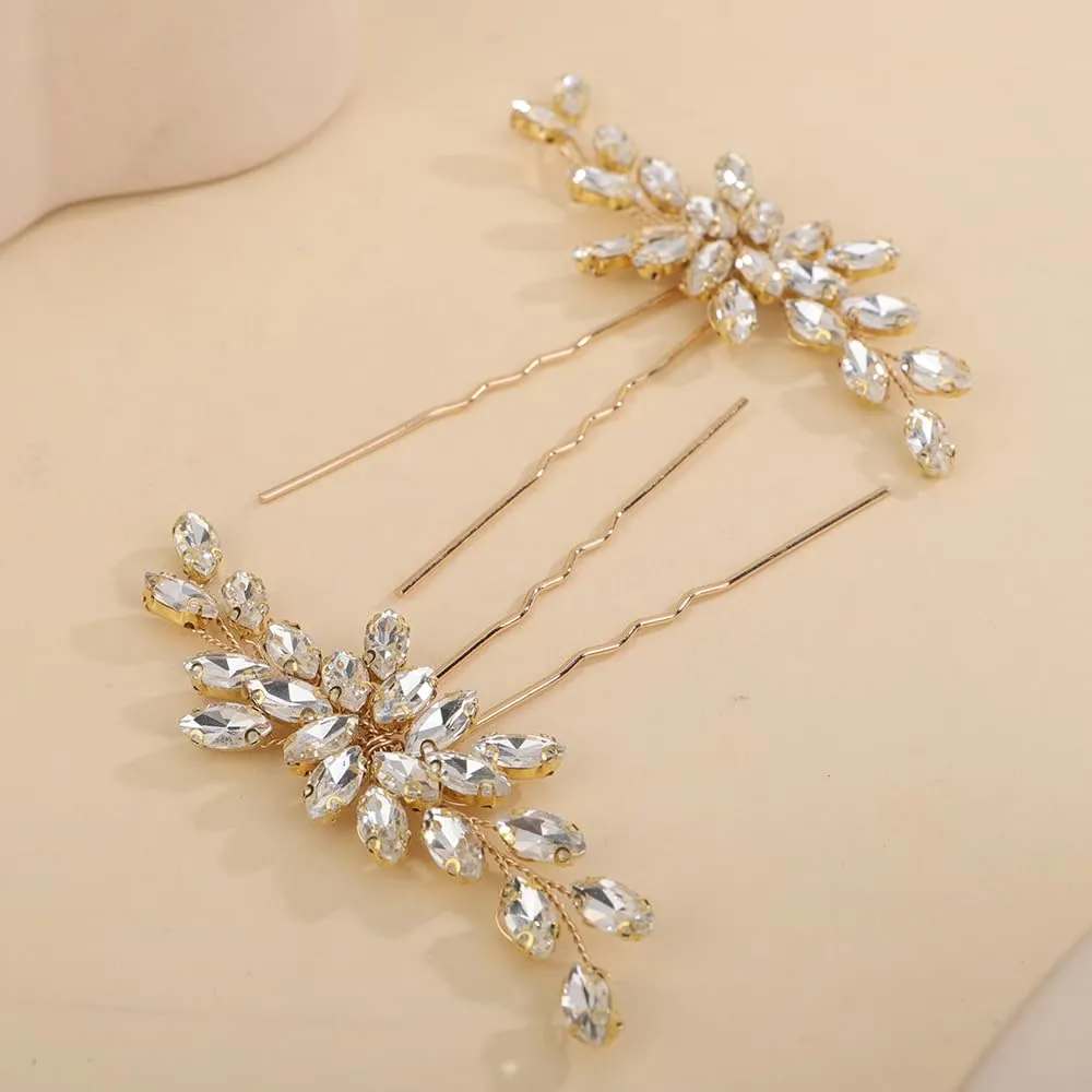 2pcs Gold Rhinestones Beads Hair Piece Wedding Bridal Hair Pins Set Handmade Hair Accessories(Gold)