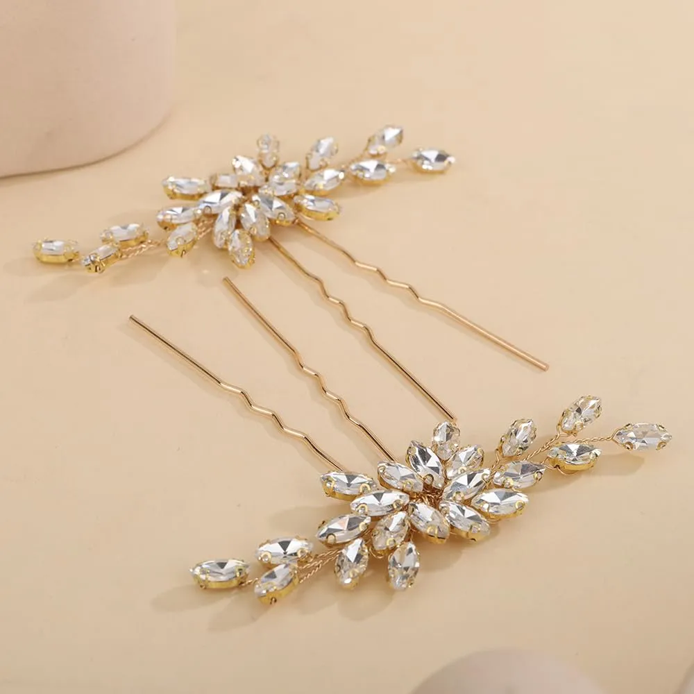 2pcs Gold Rhinestones Beads Hair Piece Wedding Bridal Hair Pins Set Handmade Hair Accessories(Gold)