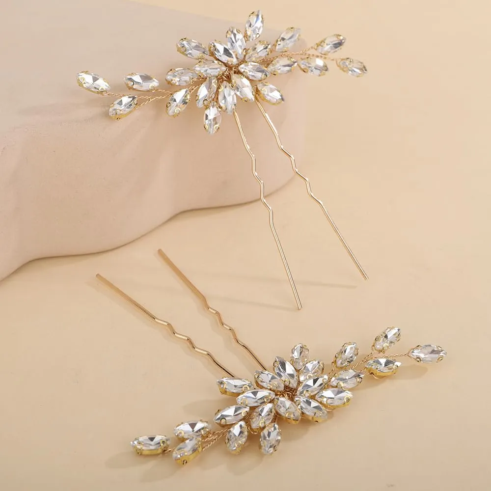 2pcs Gold Rhinestones Beads Hair Piece Wedding Bridal Hair Pins Set Handmade Hair Accessories(Gold)