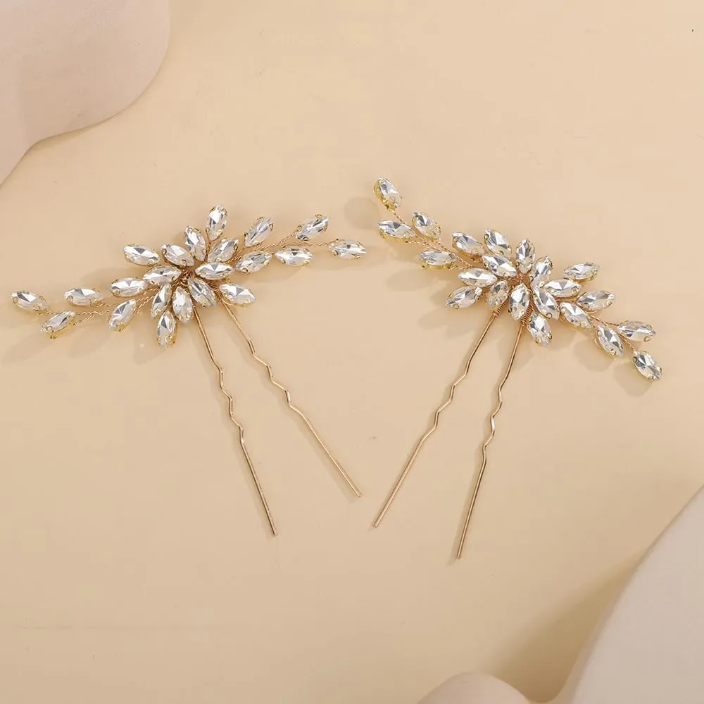 2pcs Gold Rhinestones Beads Hair Piece Wedding Bridal Hair Pins Set Handmade Hair Accessories(Gold)