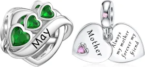 2PCS Mother's Day Gift, Mother Charms May Birthstone Charms fit Pandora Charms Bracelet, 925 Sterling Silver Birthday Charms for Mom Jewelry Gift