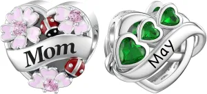 2PCS Mother's Day Gift, Mother Charms May Birthstone Charms fit Pandora Charms Bracelet, 925 Sterling Silver Birthday Charms for Mom Jewelry Gift