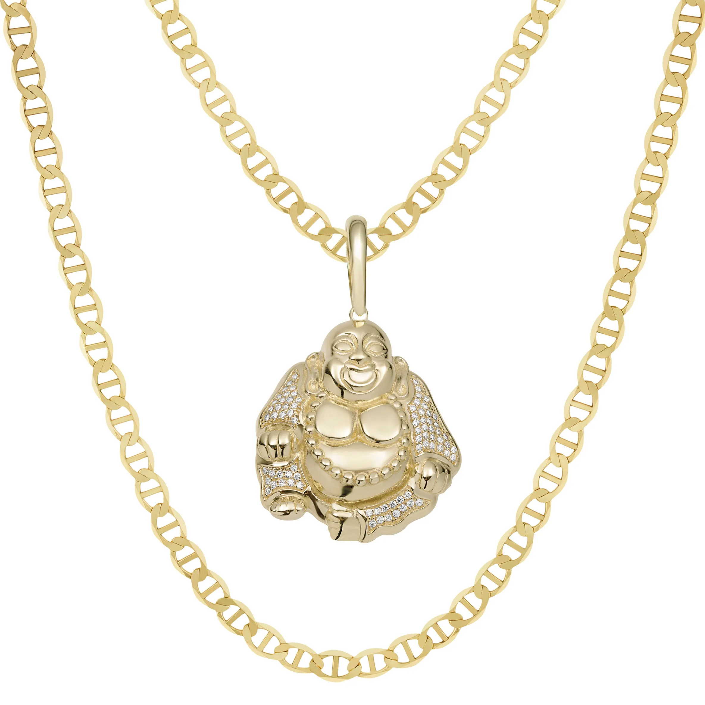 2" CZ Buddha Pendant & Chain Necklace Set 10K Yellow Gold