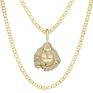 2" CZ Buddha Pendant & Chain Necklace Set 10K Yellow Gold