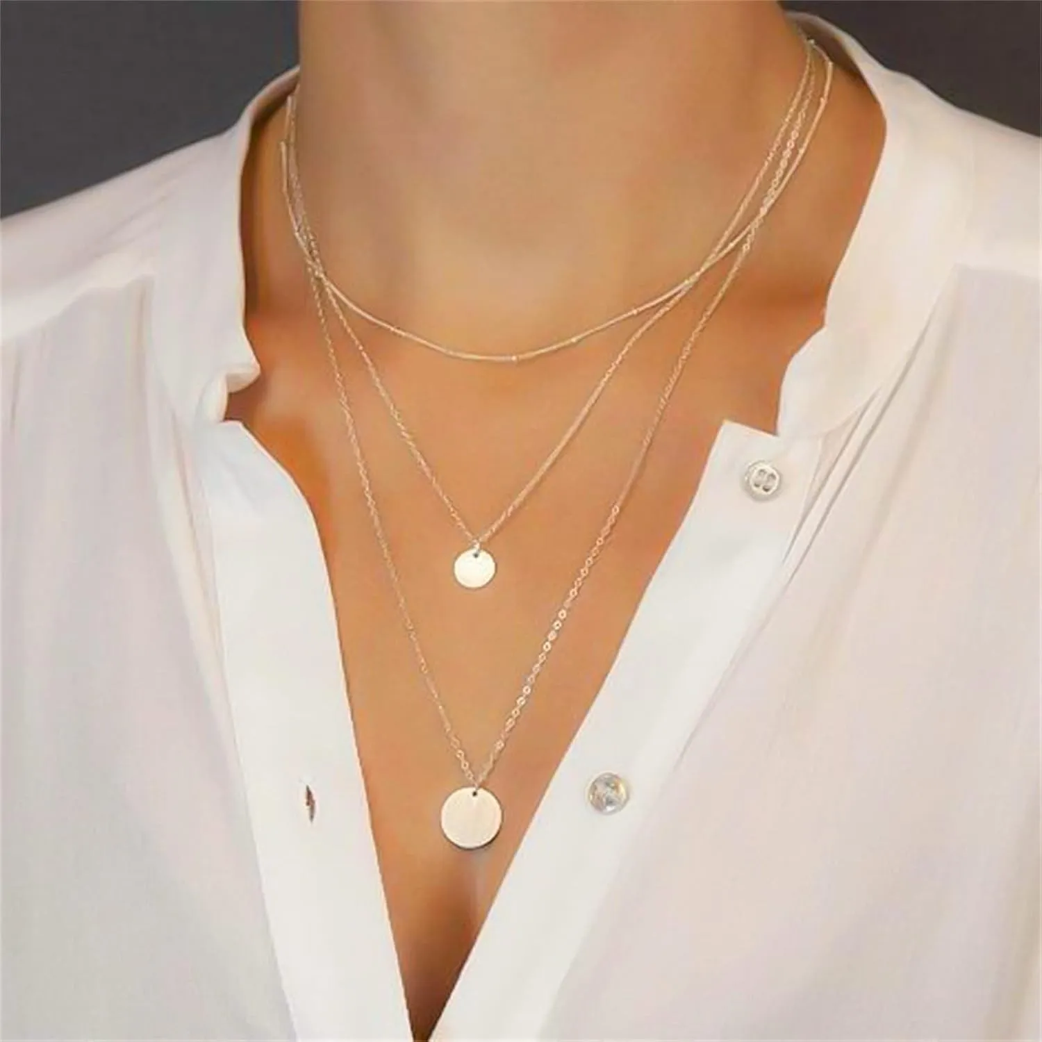 3 Layered Necklaces for Women Dainty Pendant Necklaces Dainty Disc Eternal Necklaces Jewelry Lady (Gold, One Size)