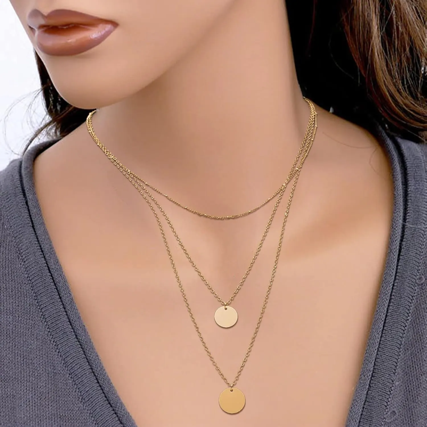 3 Layered Necklaces for Women Dainty Pendant Necklaces Dainty Disc Eternal Necklaces Jewelry Lady (Gold, One Size)