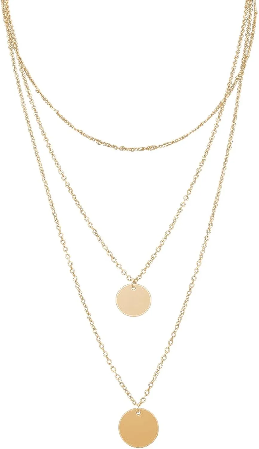 3 Layered Necklaces for Women Dainty Pendant Necklaces Dainty Disc Eternal Necklaces Jewelry Lady (Gold, One Size)
