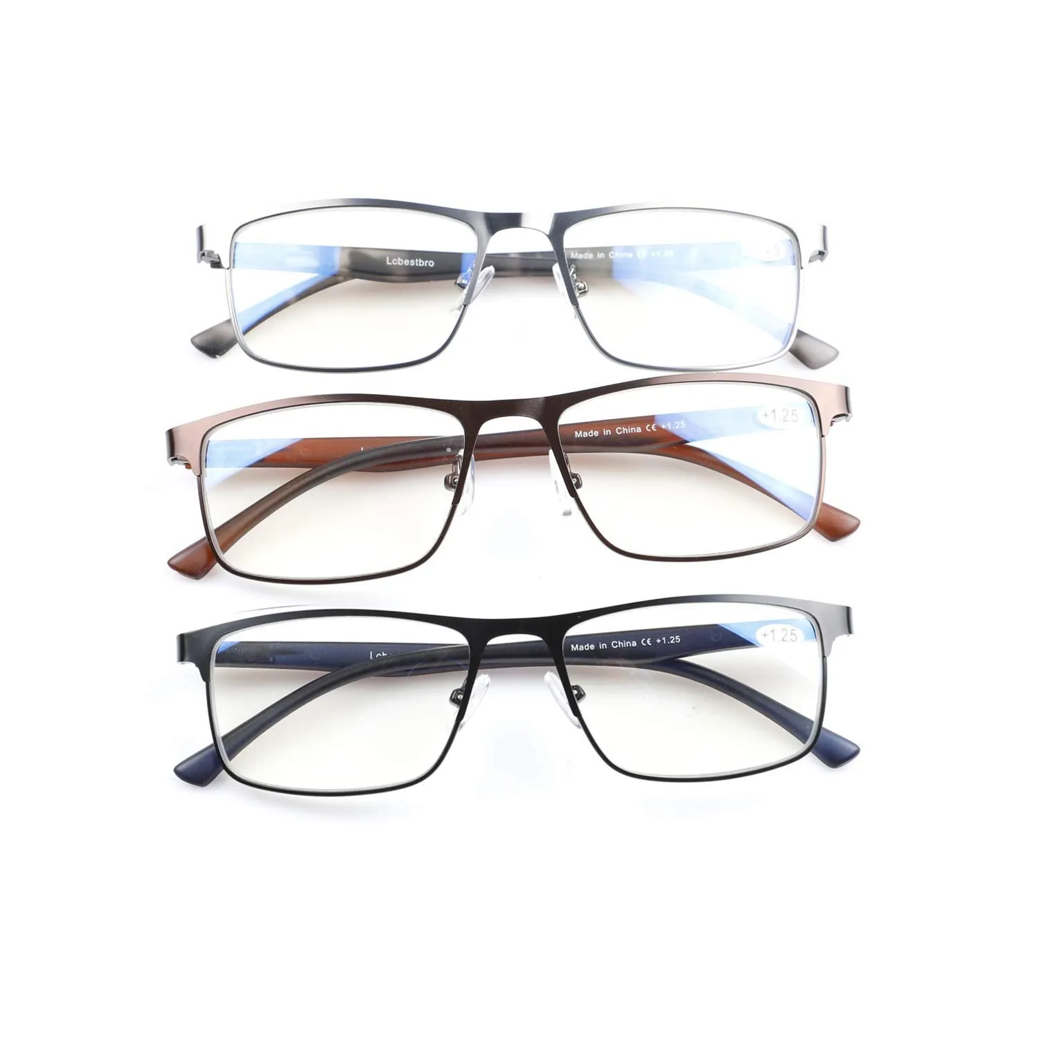 3 Pack Blue light Blocking Reading Glasses for Men, Stylish Metal Frame Readers 3 Pack Mix Color 2.0 x