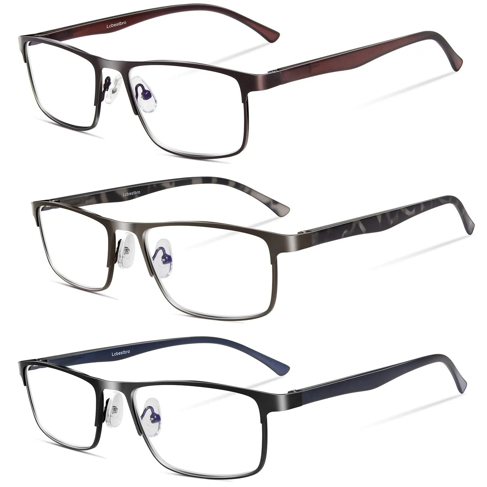 3 Pack Blue light Blocking Reading Glasses for Men, Stylish Metal Frame Readers 3 Pack Mix Color 2.0 x