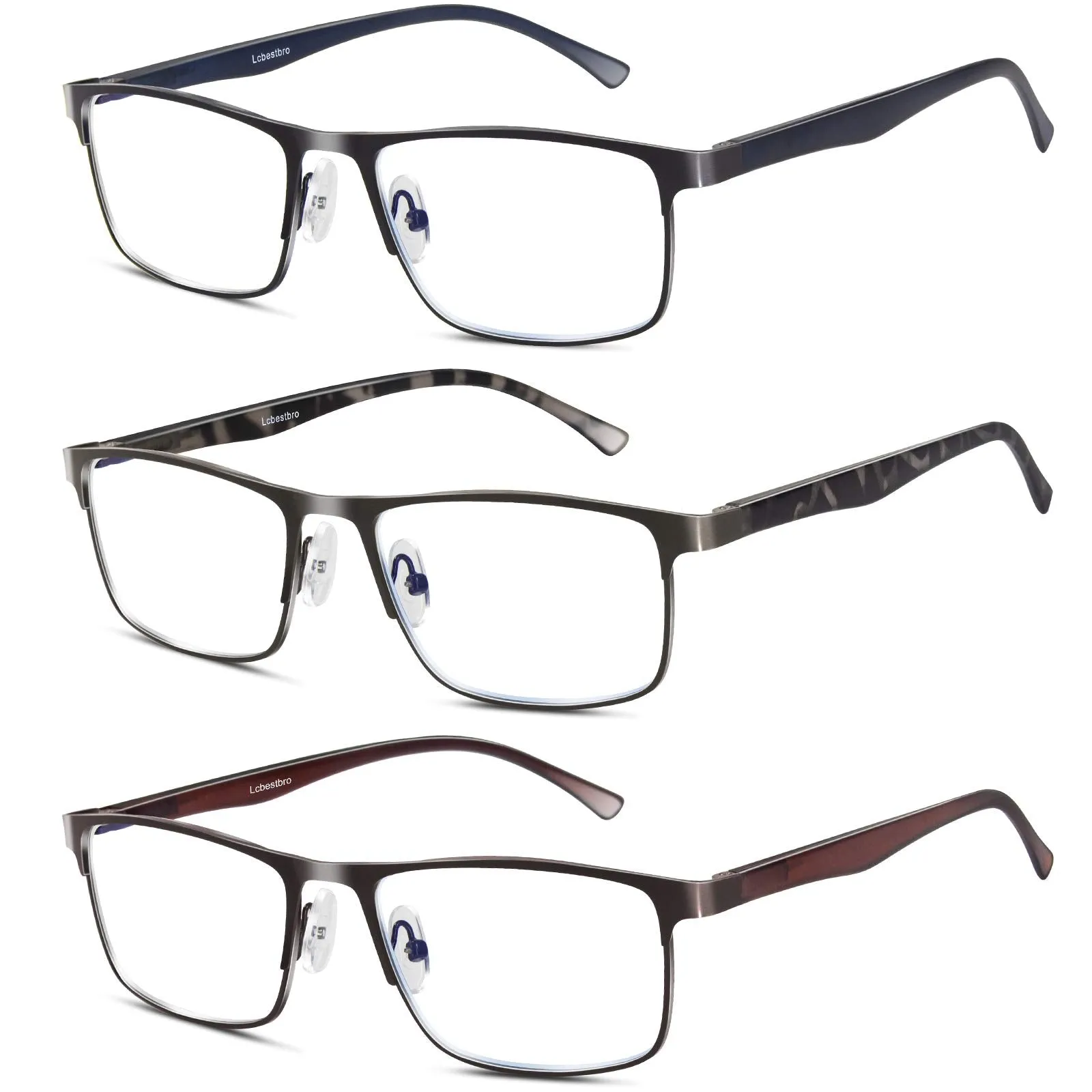 3 Pack Blue light Blocking Reading Glasses for Men, Stylish Metal Frame Readers 3 Pack Mix Color 2.0 x