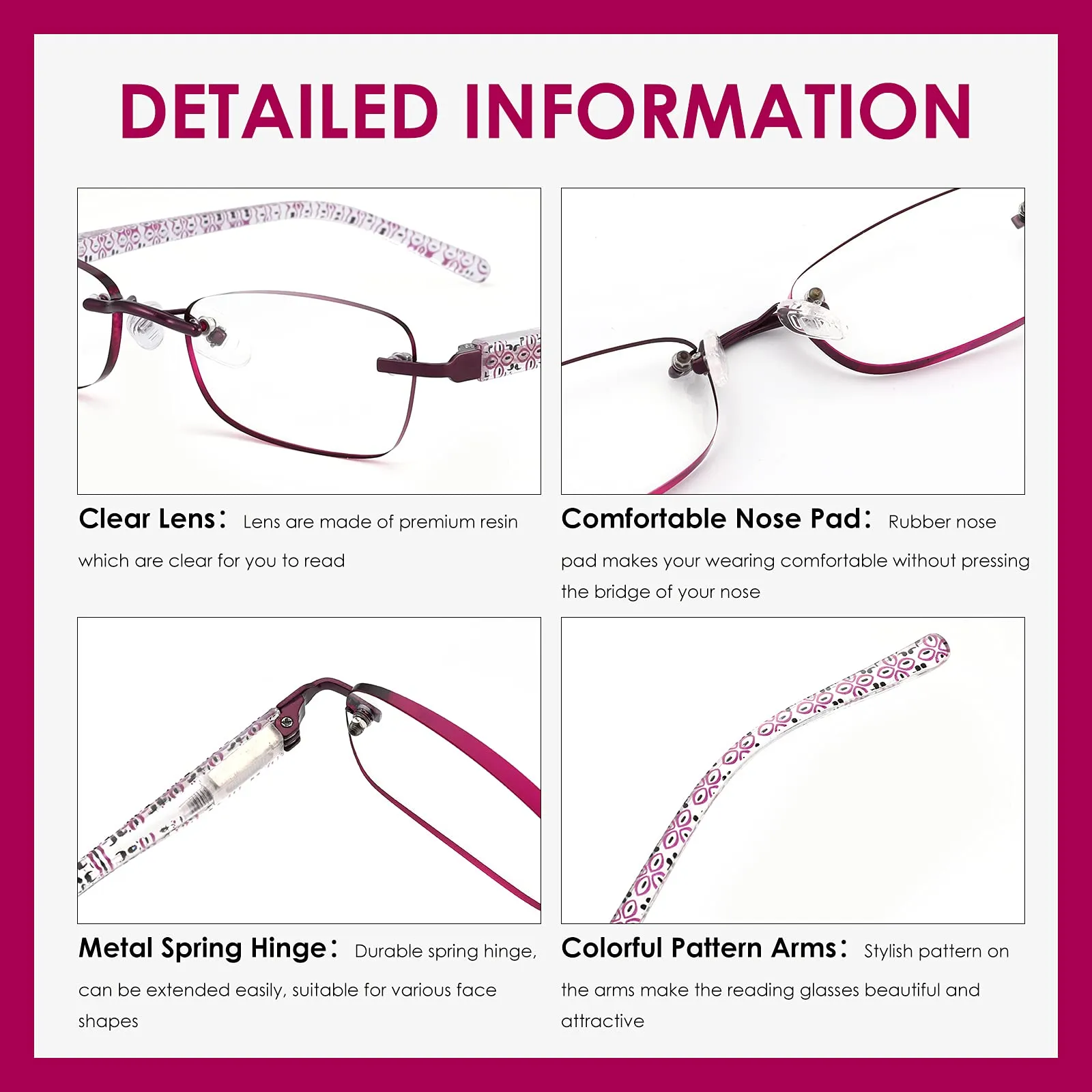3 Pack Rimless Reading Glasses for Women Blue Light Blocking Readers Tinted Edge Spring Hinge Pattern Print Arm Eyeglasses Mix 1.25 Women 3 Pack Mixed Color Red Blue Brown 1.25 x