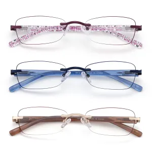 3 Pack Rimless Reading Glasses for Women Blue Light Blocking Readers Tinted Edge Spring Hinge Pattern Print Arm Eyeglasses Mix 1.25 Women 3 Pack Mixed Color Red Blue Brown 1.25 x