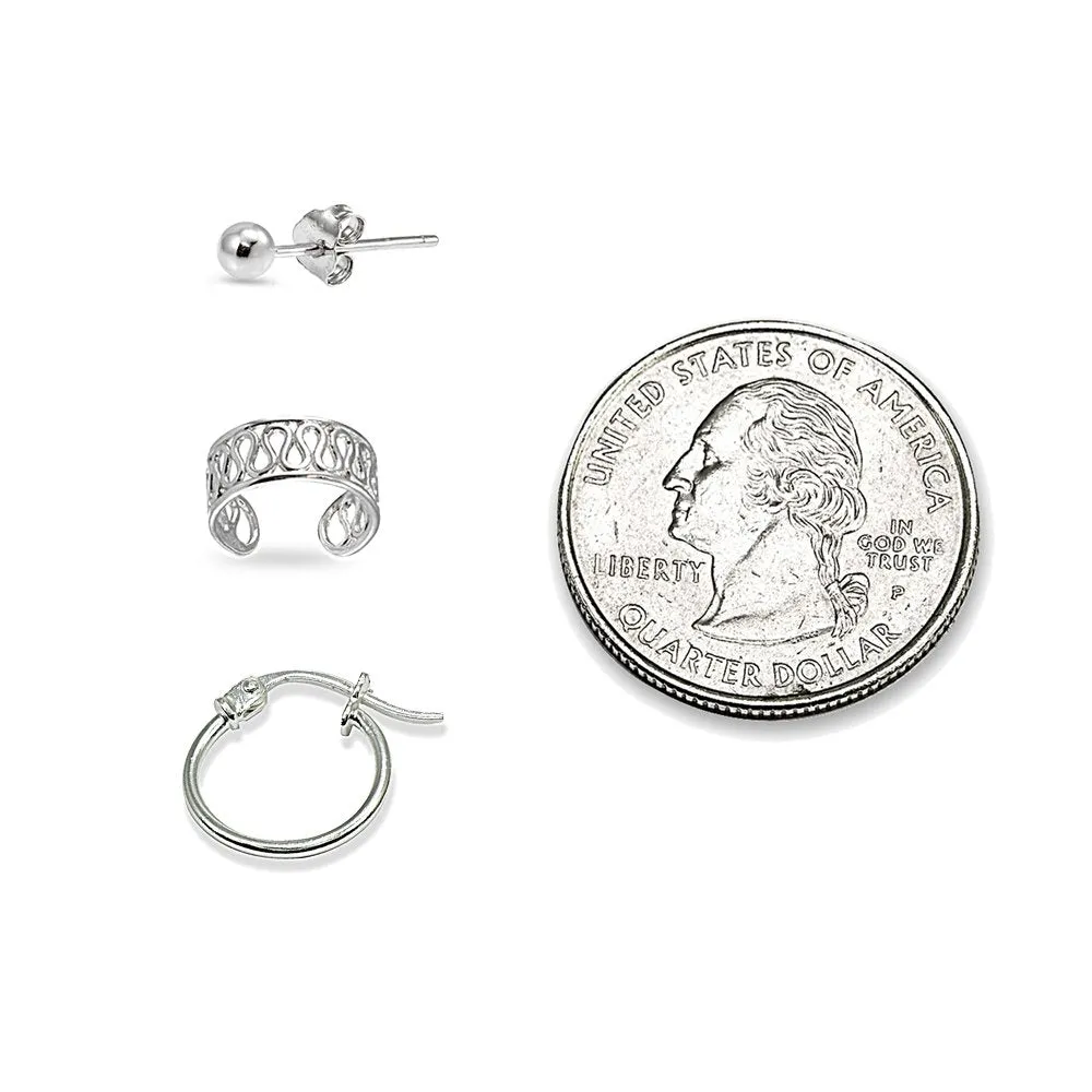 3 Pairs Sterling Silver Ear Cuff Cartilage Clip, 12mm Tiny Small Hoops & 3mm Round Ball Stud Earrings Set for Men Women sterling-silver