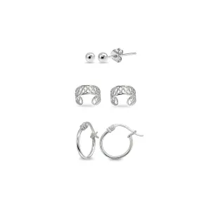 3 Pairs Sterling Silver Ear Cuff Cartilage Clip, 12mm Tiny Small Hoops & 3mm Round Ball Stud Earrings Set for Men Women sterling-silver