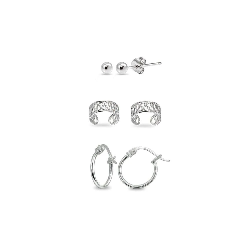 3 Pairs Sterling Silver Ear Cuff Cartilage Clip, 12mm Tiny Small Hoops & 3mm Round Ball Stud Earrings Set for Men Women sterling-silver