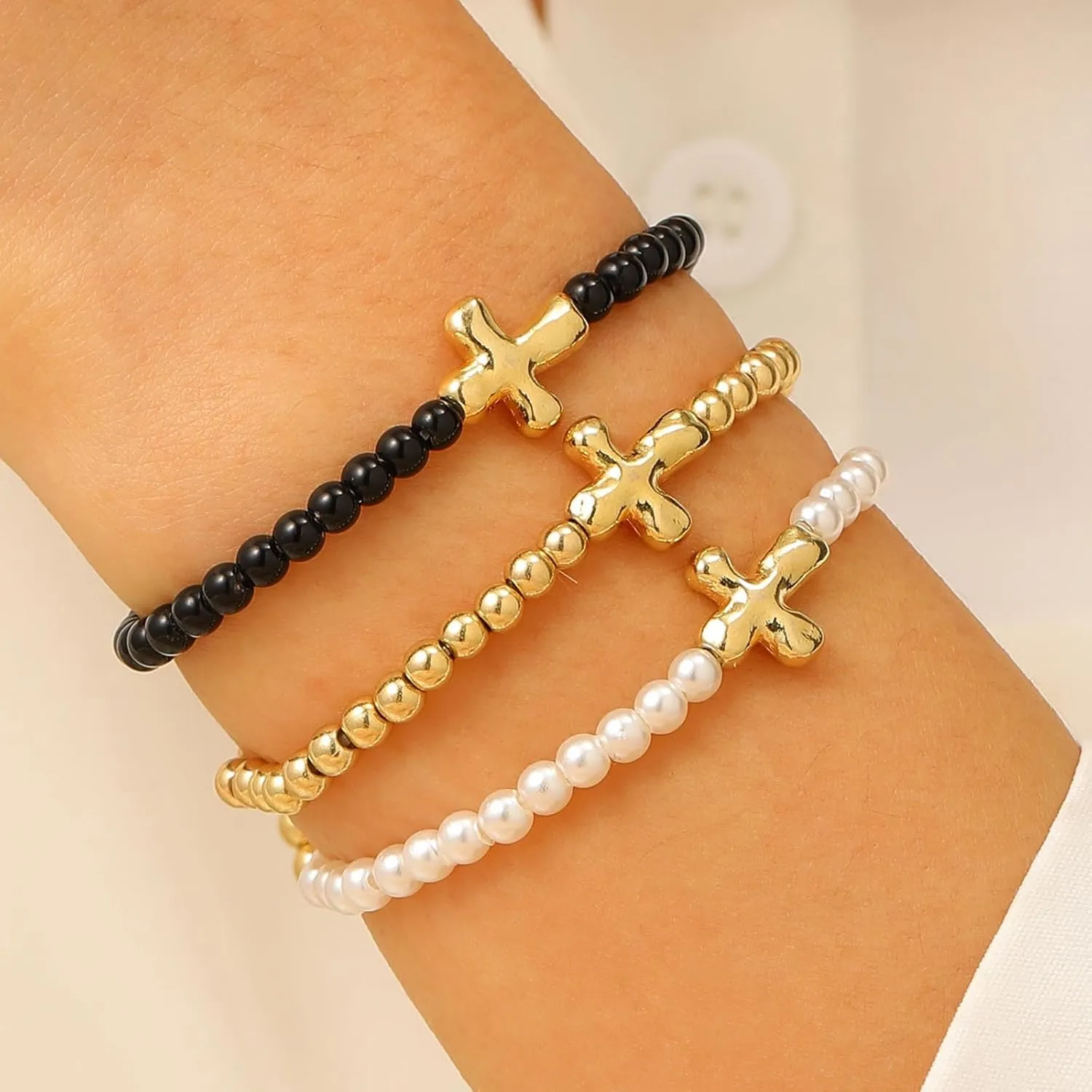 3 Pcs Cross Bracelets Stackable Round Ball Beaded Bracelets Multilayer Sideways Cross Charms Stretchy Bracelet Adjustable Elastic Wrist Band Hand Jewelry for Women