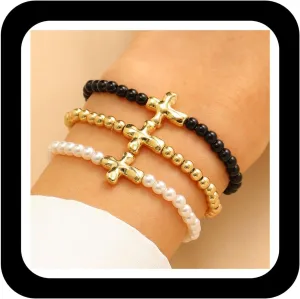 3 Pcs Cross Bracelets Stackable Round Ball Beaded Bracelets Multilayer Sideways Cross Charms Stretchy Bracelet Adjustable Elastic Wrist Band Hand Jewelry for Women