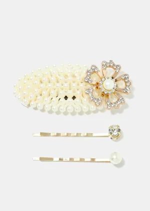 3-Piece Rhinestone Flower & Pearl Hair Pins