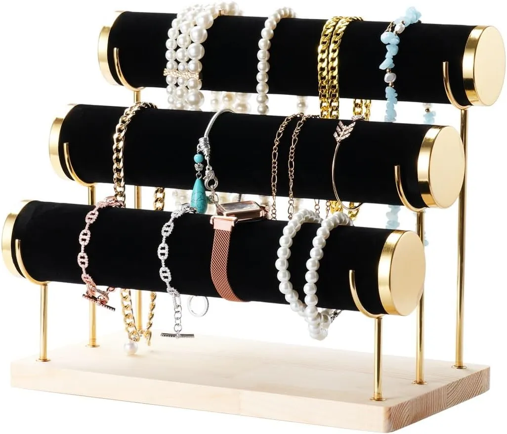 3-Tier Velvet Jewelry Display Tower, Detachable Stand With Gilt Trim And Wooden Tray Base For Bracelets, Bangles, Scrunchies, Watches, Necklaces