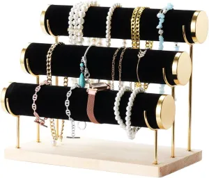 3-Tier Velvet Jewelry Display Tower, Detachable Stand With Gilt Trim And Wooden Tray Base For Bracelets, Bangles, Scrunchies, Watches, Necklaces