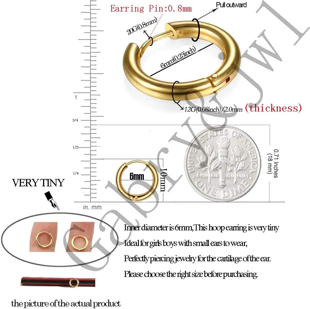 316L Surgical Stainless Steel Huggie Hoop Earrings 6mm 8mm 10mm 11mm 12mm 14mm Hypoallergenic Earrings Hoop Cartilage Helix Lobes Hinged Sleeper Earrings For Men Women