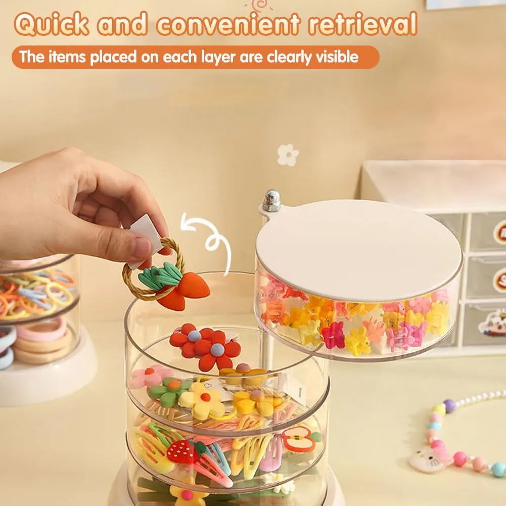 3/4/5-Layer Rotating Hair Accessories Organizer for Girls & Women - Clear Acrylic Jewelry Holder for Hair Bows, Clips, Ties, Headbands - Small Kids Hair Product Storage Box (5.6*7.3*4.6in)