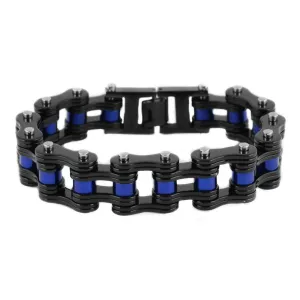 3/4" Wide Black with Blue RollersUnisex Stainless Steel Motorcycle Chain Bracelet