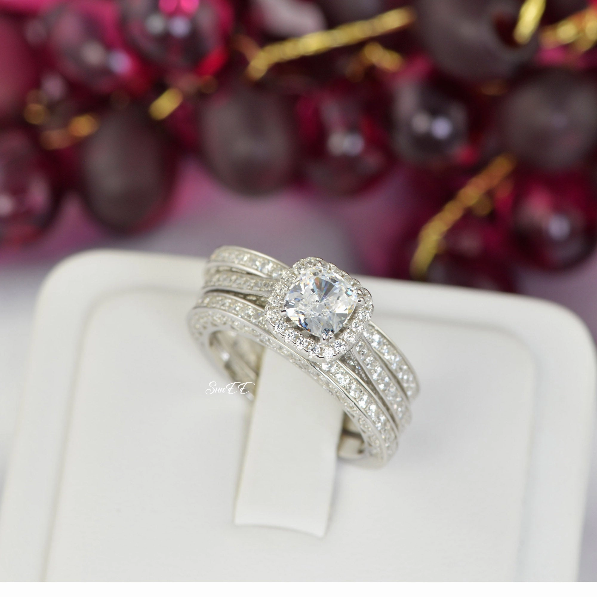 3.02ct Halo Cushion Cut Bridal Wedding Engagement Ring Diamond Simulated 925 Sterling Silver Anniversary Ring SKU:00141 Value Craft Curved Line