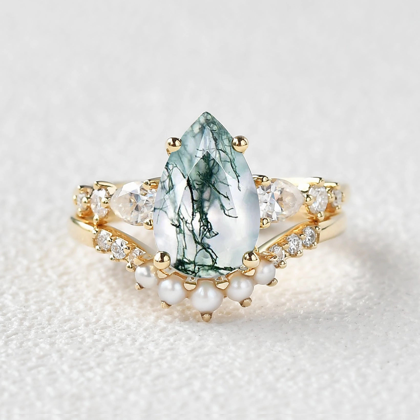 3.0ct Pear Shaped Moss Agate & Pearl Bridal Ring Set 2pcs Bold Statement