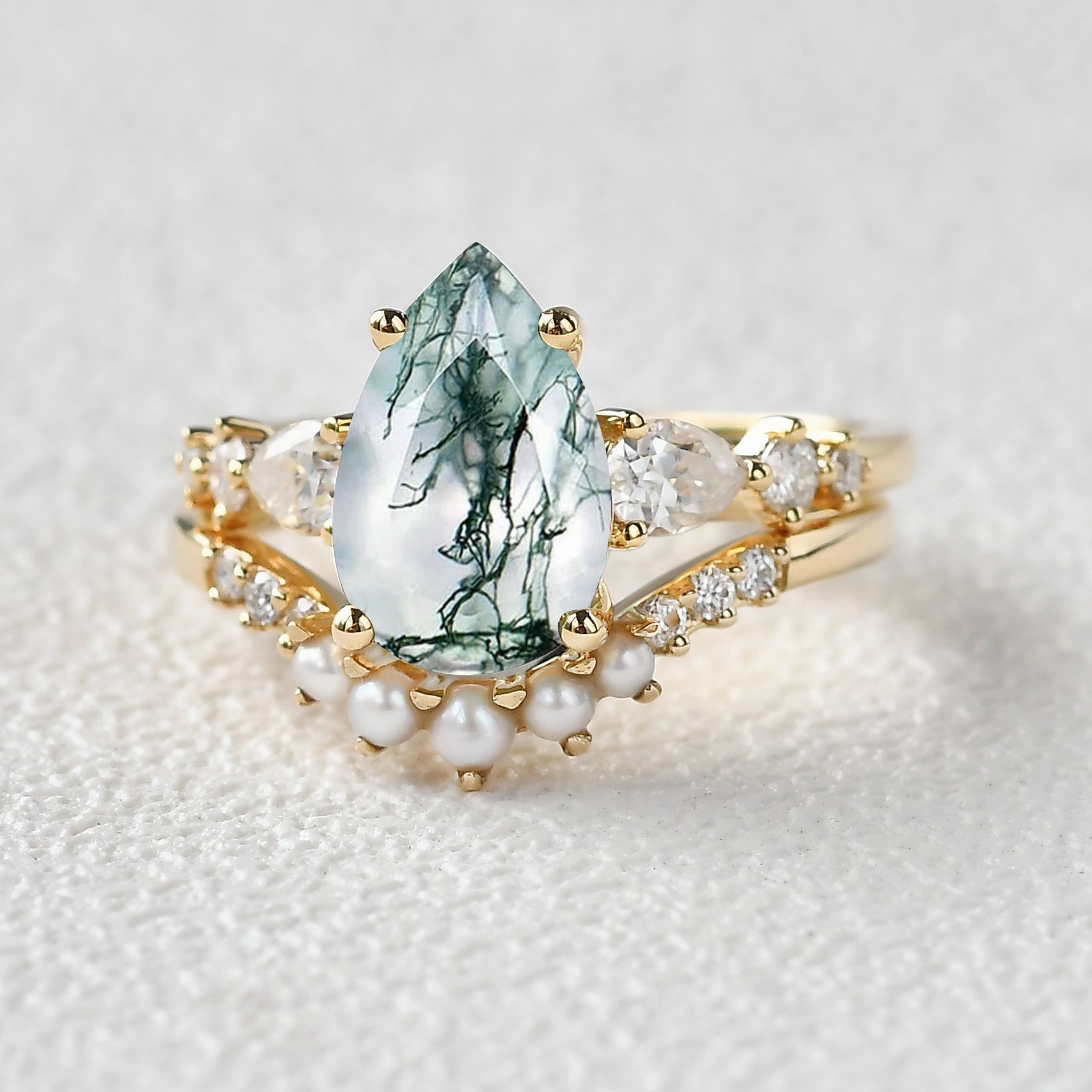 3.0ct Pear Shaped Moss Agate & Pearl Bridal Ring Set 2pcs Casual Look Statement Feature