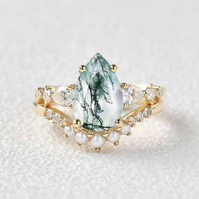 3.0ct Pear Shaped Moss Agate & Pearl Bridal Ring Set 2pcs Bold Statement
