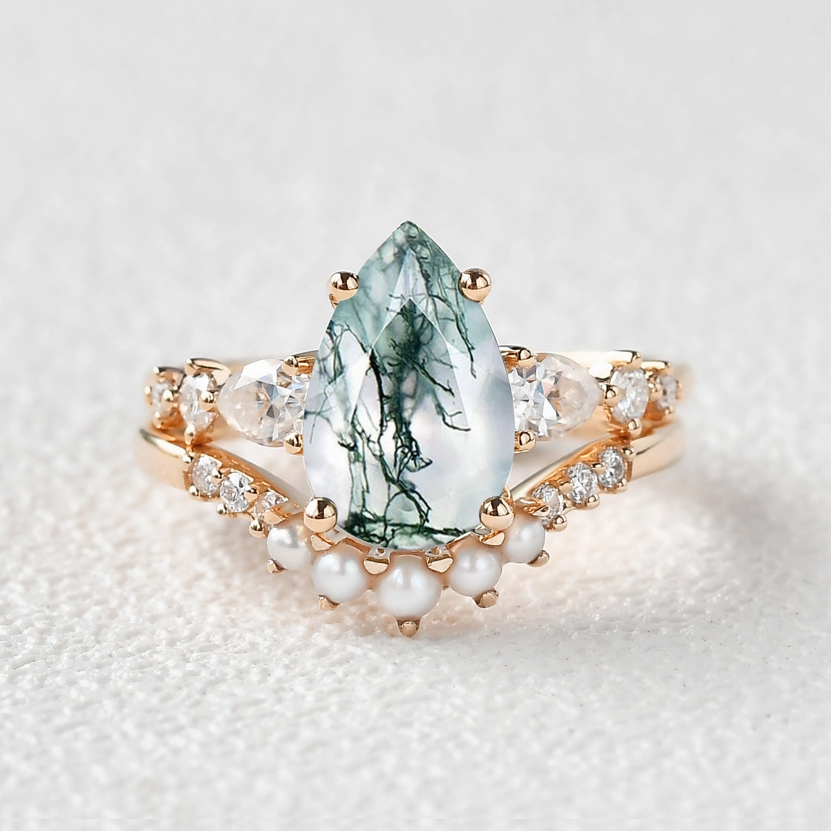 Elegant Outfit Cozy Detail 3.0ct Pear Shaped Moss Agate & Pearl Bridal Ring Set 2pcs
